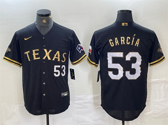 Men's Texas Rangers #53 Adolis García Black Gold With Patch Cool Base Stitched Baseball Jersey